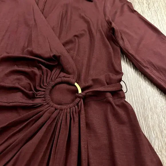 EUC Trina Turk Mahalo Burgundy Jersey Wrap Dress Size 8 Long Sleeve Knee Length - Picture 13 of 15